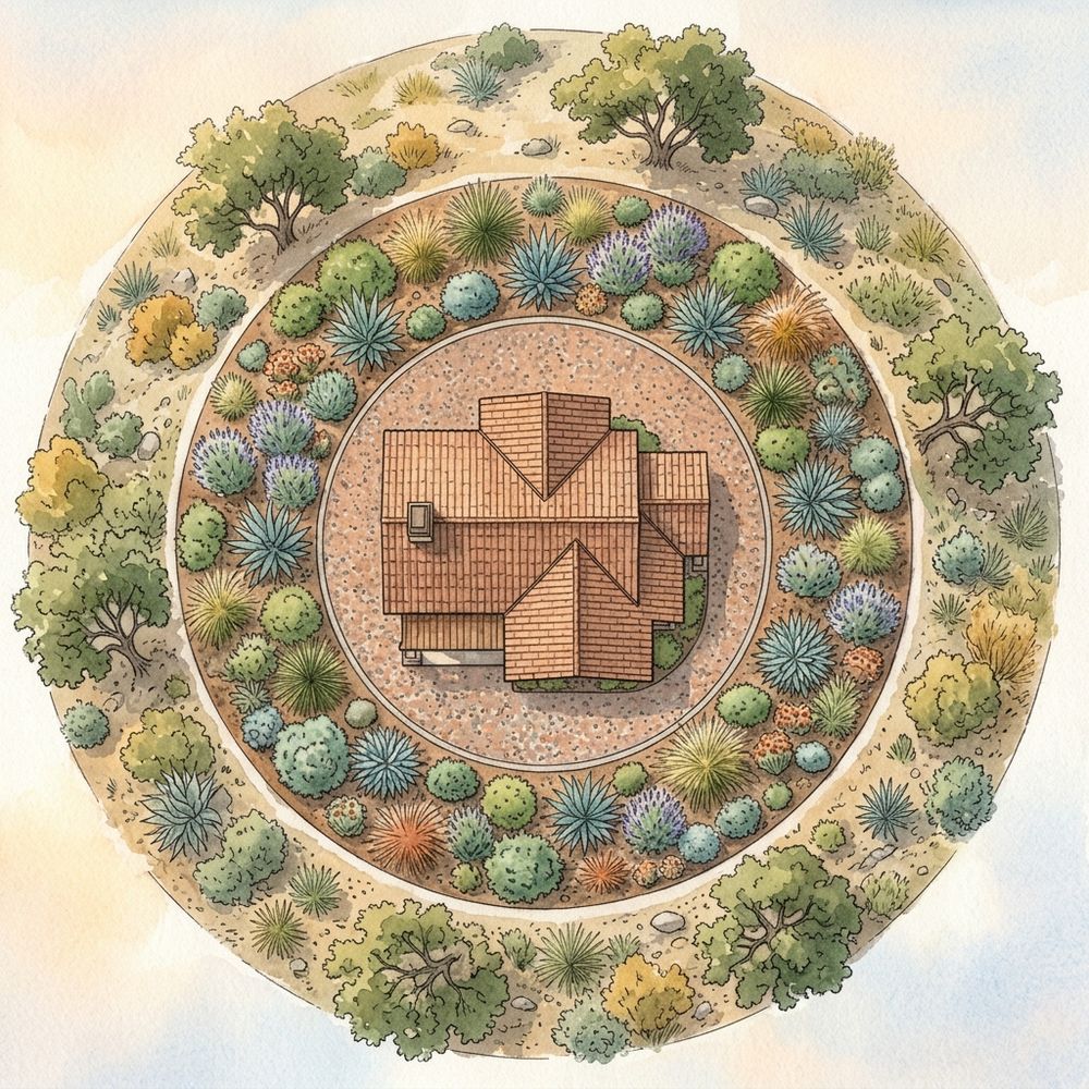 Watercolor aerial view of a house surrounded by three concentric rings: a gravel band, a ring of low spaced plants, and an outer band of thinned native trees