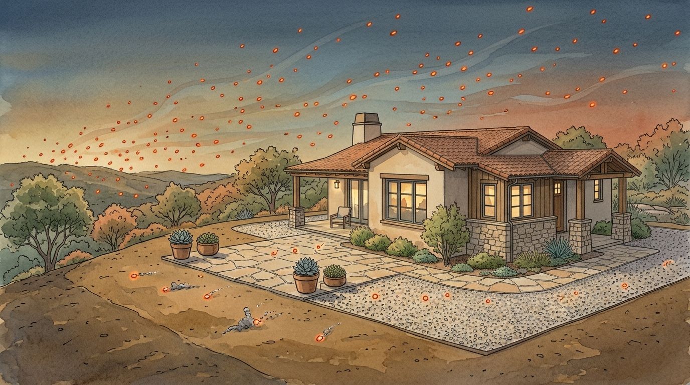 Watercolor of a house at dusk with glowing embers drifting on the wind, landing on gravel and flagstone but finding nothing to ignite