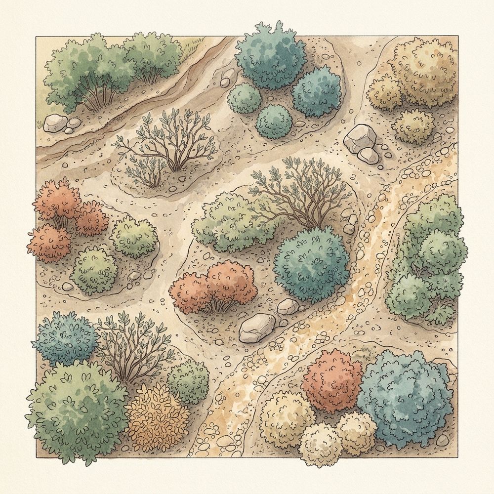 Watercolor plan view of shrubs grouped in separate islands with gaps of gravel and bare soil between them, and a winding path