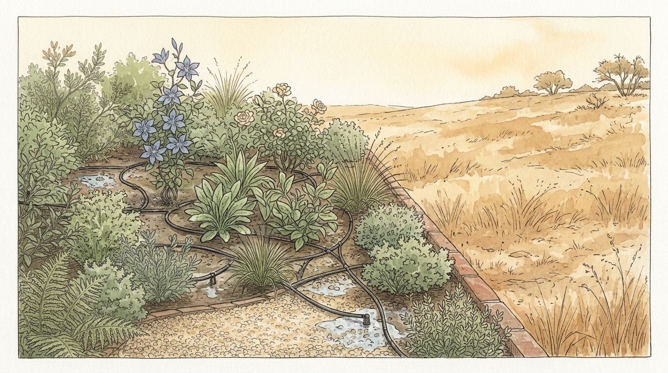 Watercolor of a green drip-irrigated planting bed beside a brick edge, with dry golden grass on the other side