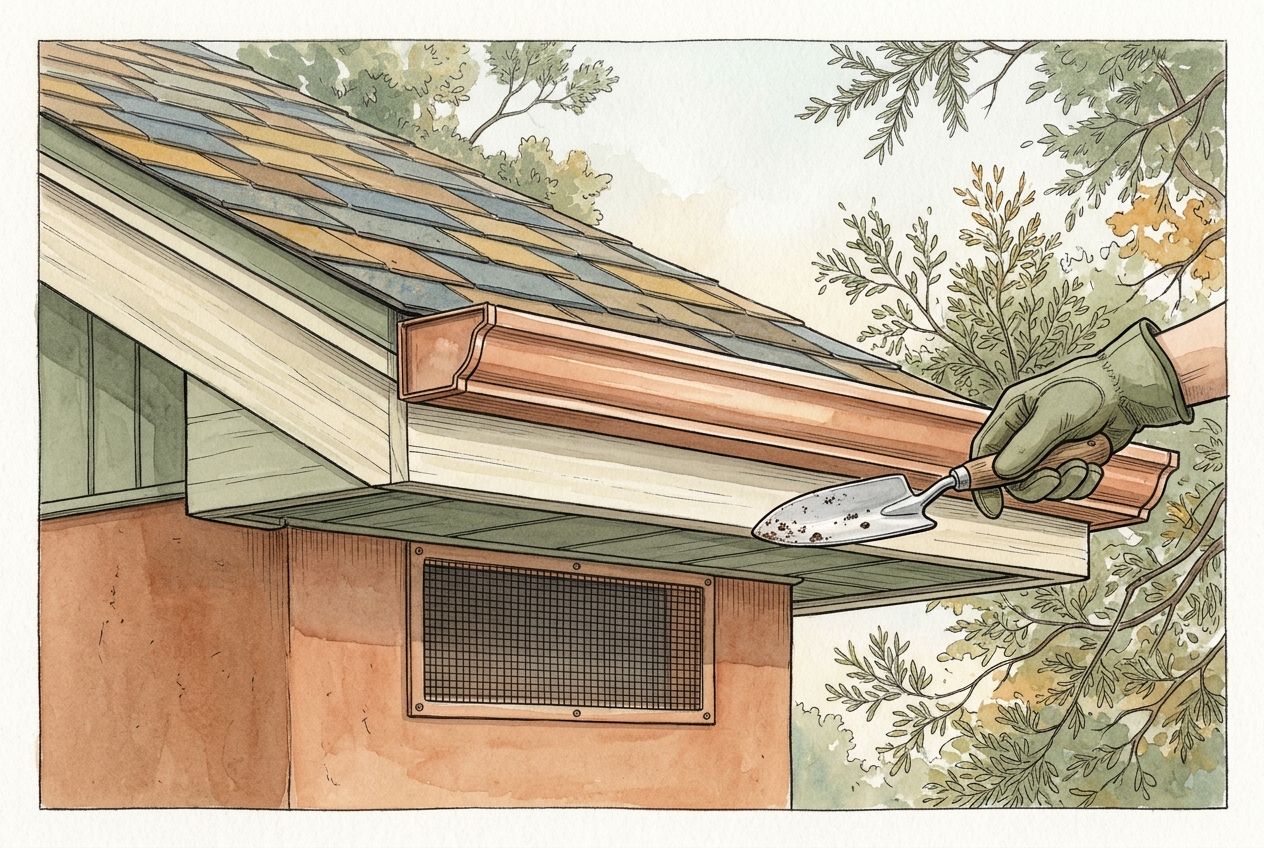 Watercolor close-up of a gloved hand clearing debris from a copper gutter with a trowel, above a fine-mesh vent screen